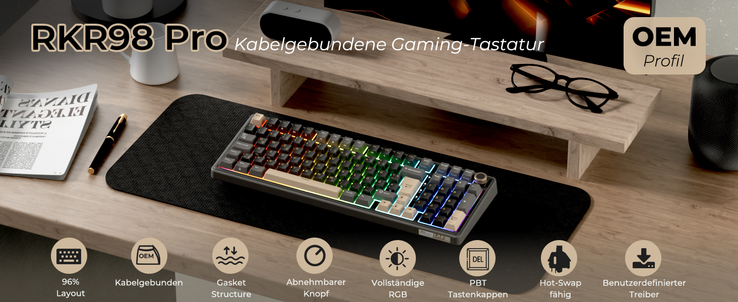 Механічна клавіатура Royal Kludge R98 Pro: 96% layout, RGB, NumPad, PBT, Hot-Swap, Creamy Switches, Grey