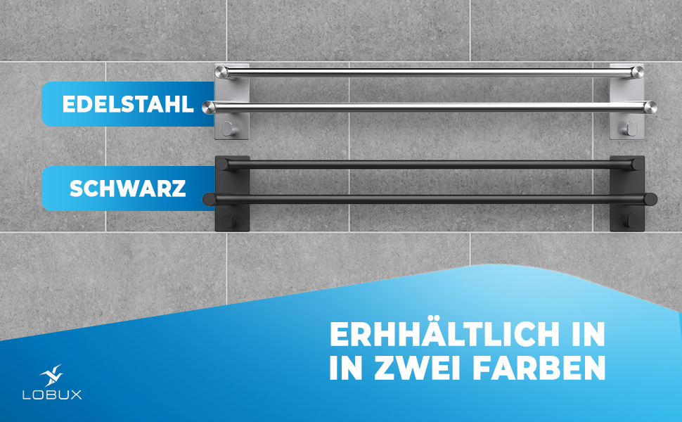 Тримач для рушників без свердління, чорний, 80 см, нержавіюча сталь, подвійний, самоклеючий, з 2 гачками, для ванної кімнати, душової кабіни, кухні