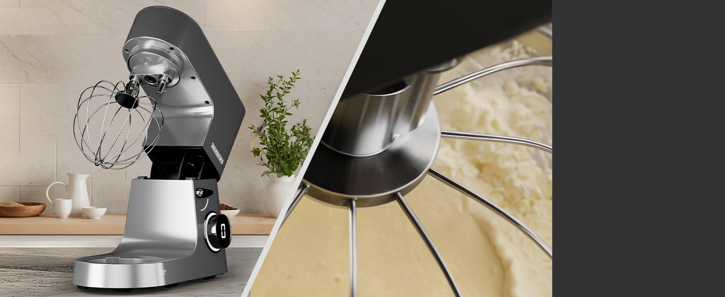 Кухонна машина Heinrichs 2500W з двома гаками для тіста, міксером та насадкою для збивання, 8 швидкостей, чаша 8л з нержавіючої сталі, тиха, з титановим покриттям