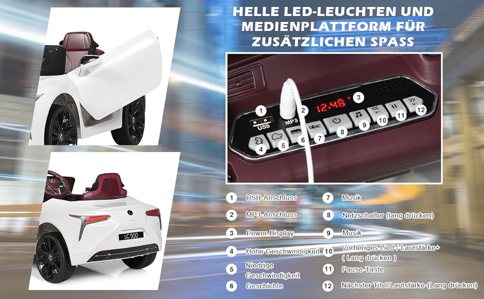 Дитячий електромобіль Lexus COSTWAY 12V з пультом, LED, музикою, USB, чорний