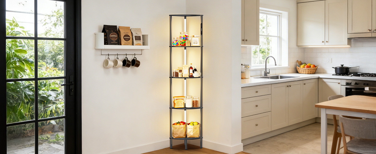 LED торшер з полицею, 3 режими світла, димування (сенсор/пульт), кутова полиця 5-рівнів, вузький книжковий стелаж для вітальні, спальні, офісу (білий)