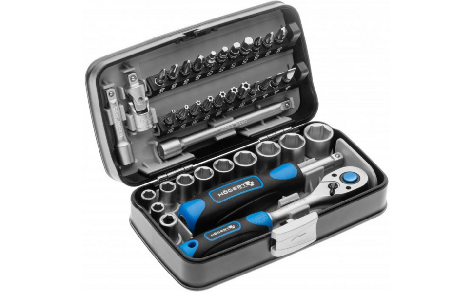 Набір інструментів Högert Technik 38 предметів: валіза з інструментами, тріскачковий набір, набір торцевих головок, біти 1/4