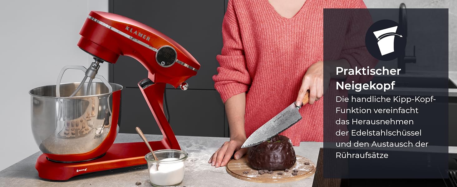Кухонна машина KRAMER 1800W з чашею з нержавіючої сталі 6 л, 10 швидкостей з таймером, планетарний міксер, гак для тіста, вінчик, міксер, кришка (червона), преміум-якість