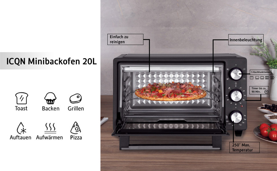 Міні-піч ICQN 20L з конвекцією, грилем та таймером, 1500W, IQ M2051R02N