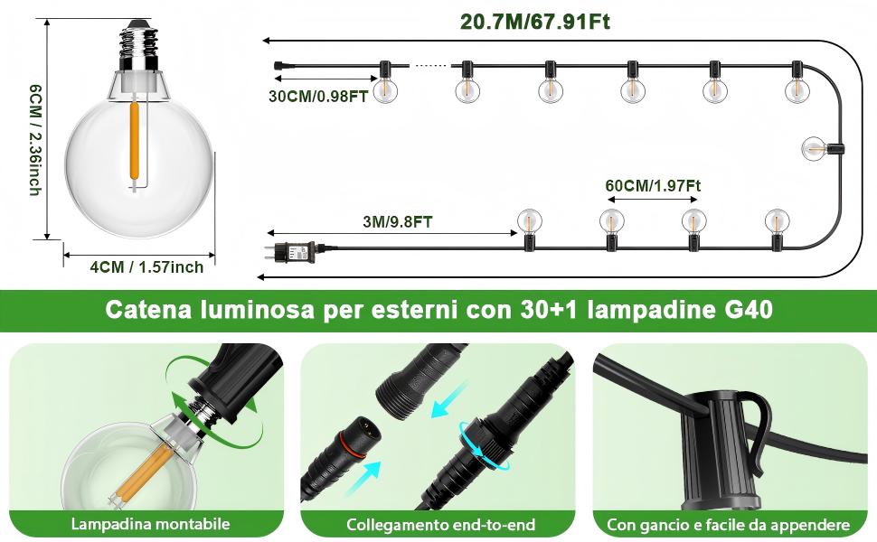 LED гірлянда для вулиці, 20.7м, з таймером, 30+1 лампочки G40, диммування, IP44, для декору саду, балкону, дому