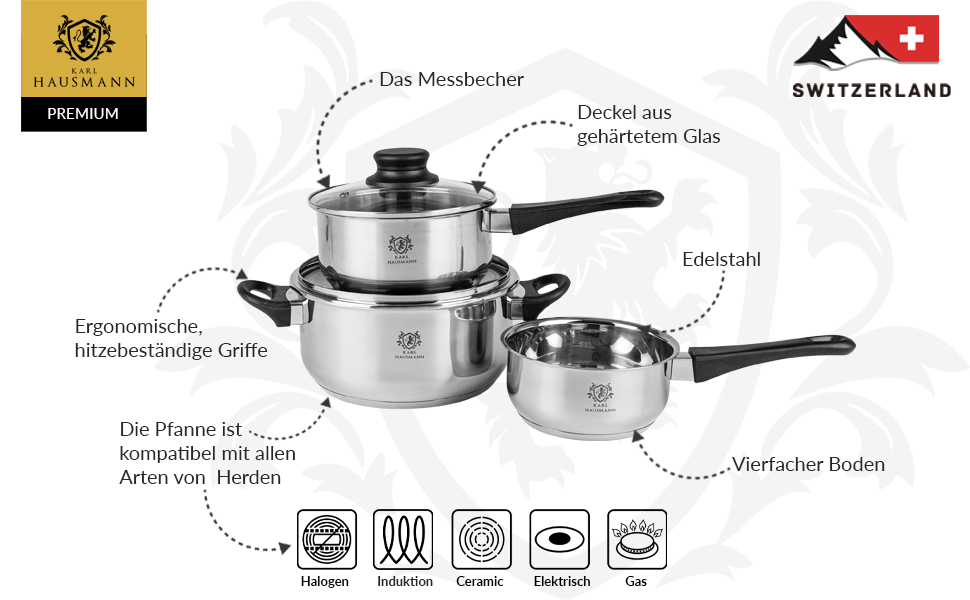 Набір каструль з нержавіючої сталі Induktion 3-х частинний - для всіх типів плит - з кришкою з термостійкого скла - з мірною шкалою