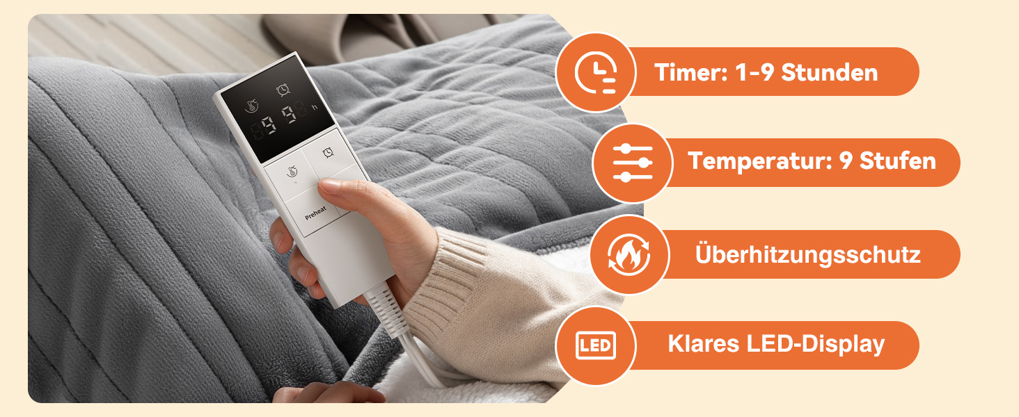 Електрична ковдра з автовимкненням та 9 зон нагріву 200x180 см, таймер 1-9 год з функцією пам'яті, швидкий нагрів та рівномірний розподіл тепла, двостороння фланель та штучне хутро
