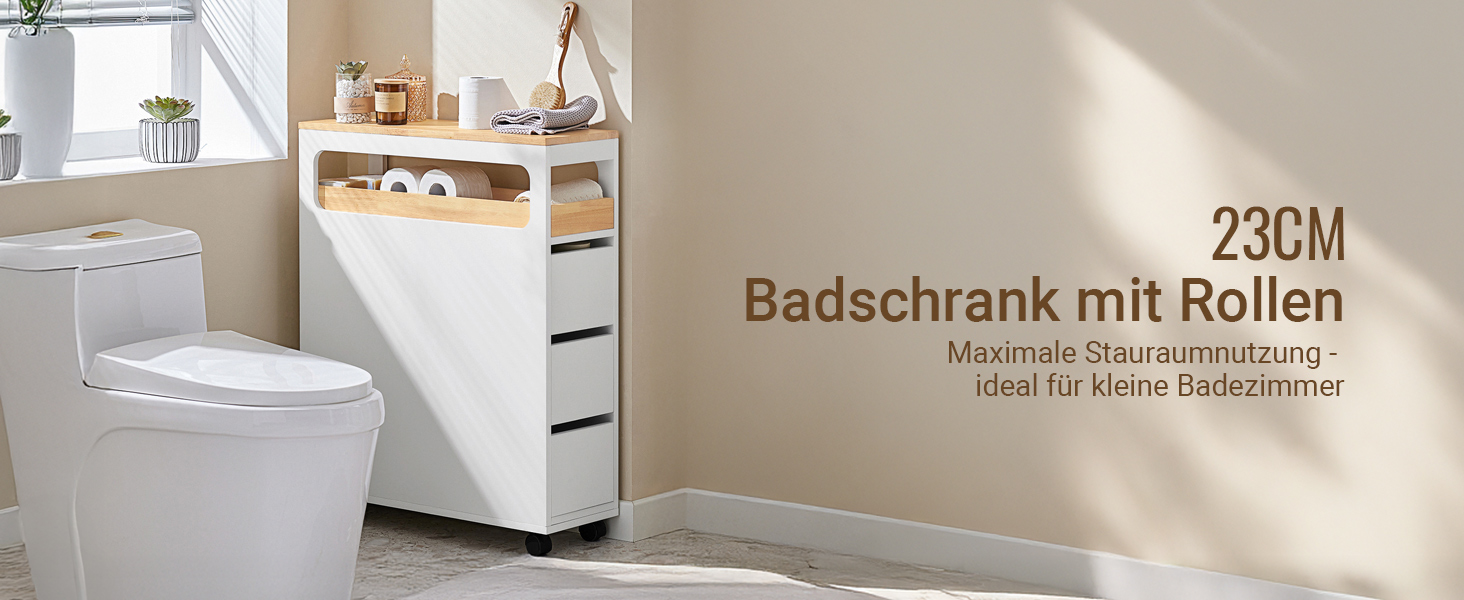 Шафка для ванної кімнати SoBuy з колесами, вузька шафка з 3 висувними ящиками, компактна тумбочка з дерева, навісна шафка для маленьких ванних кімнат, туалетів та кухонь, біла, 65x23x82 см, BZR54-W