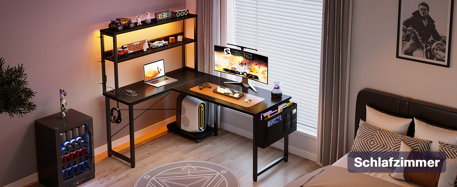 Ігровий стіл Coleshome L-подібної форми з LED-підсвічуванням та розетками, 115 × 80 см. Реверсивний стіл з полицями для зберігання, чорний. Підходить для home office та геймінгу.