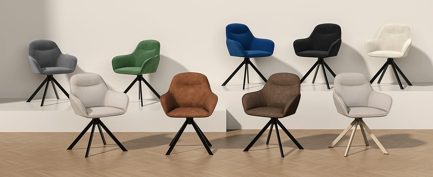 Обідні стільці поворотні з підлокітниками, комплект 6 шт, з м'яким сидінням з велюру, бежевий колір, для кухні та вітальні