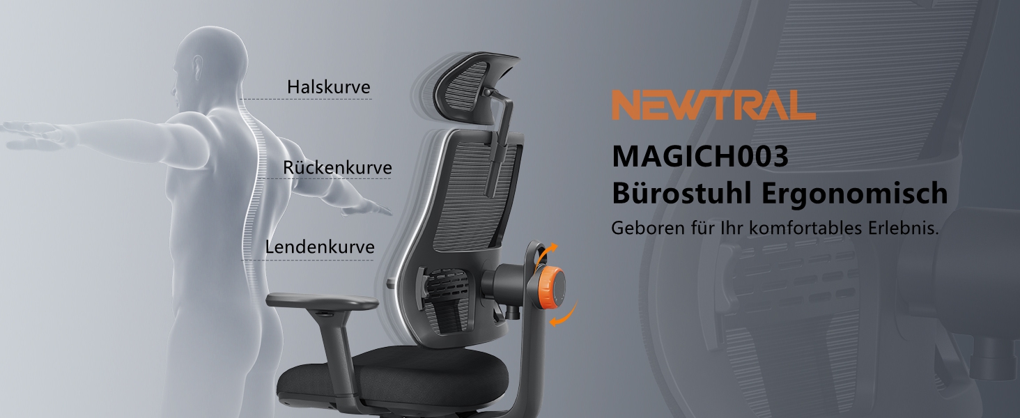 Офісне крісло Newtral MAGICH003 - ергономічне, з підтримкою попереку, регульована підголовник та підлокітники (чорний)