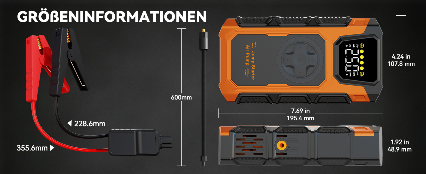 Пусковий пристрій (бустер) для авто Starthilfe 6000A з компресором 150 PSI, Powerbank 12V для бензинових та дизельних двигунів до 10л, з QC3.0, LCD-дисплеєм та ліхтарем, помаранчевий