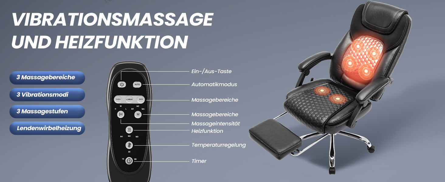 Крісло офісне шкіряне з масажем та підігрівом, регульоване, з підніжкою - для офісу та дому, чорне