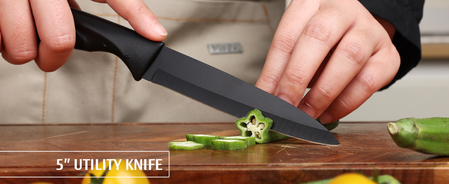 Набір кухонних ножів Hecef 15 предметів з бруском, чорний колір, антипригарне покриття, безпечний для миття в посудомийній машині, самозаточуваний брусок, ергономічні ручки, набір ножів для кухні для початківців та любителів готування (6 шт)