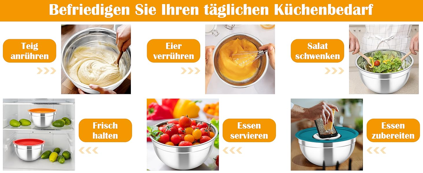 Набір салатниць TEAMFAR 6 шт. з нержавіючої сталі з кришками та силіконовим дном, багатофункціональний, для миття в посудомийній машині, 0,7Л / 1,5Л / 1,6Л / 2,5Л / 2,8Л / 4,6Л (Кольоровий, з 3 тертками)