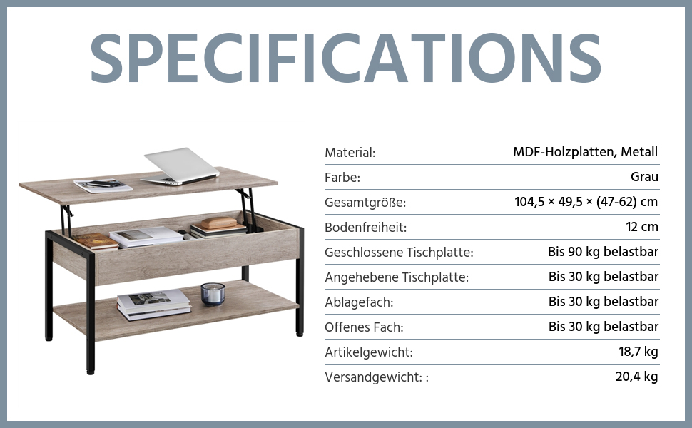 Журнальний столик Yaheetech Розсувний журнальний столик з регульованою по висоті верхньою стільницею та прихованим місцем для зберігання Журнальний столик Журнальний столик для вітальні/офісу/балкона/передпокою, сірий
