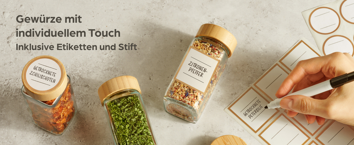 Набір контейнерів для спецій Praknu з бамбуковими кришками (24 шт.) - Організатор спецій з дозатором, 120 мл, з етикетками, щіткою та дерев'яною ложкою (12 шт. з полицею)