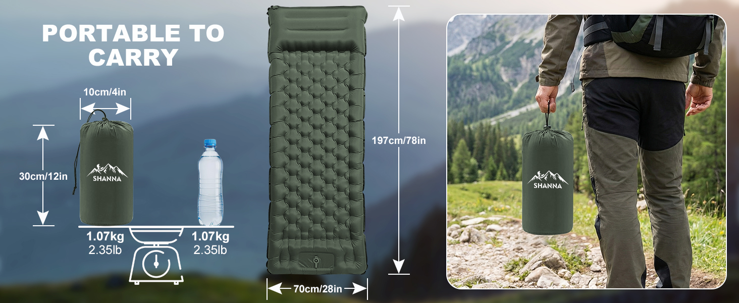 Помірний кемпінговий надувний килимок SHANNA Outdoor: потовщений (12 см), ультралегкий матрац для кемпінгу та походів з вбудованим ножним насосом, армійний зелений