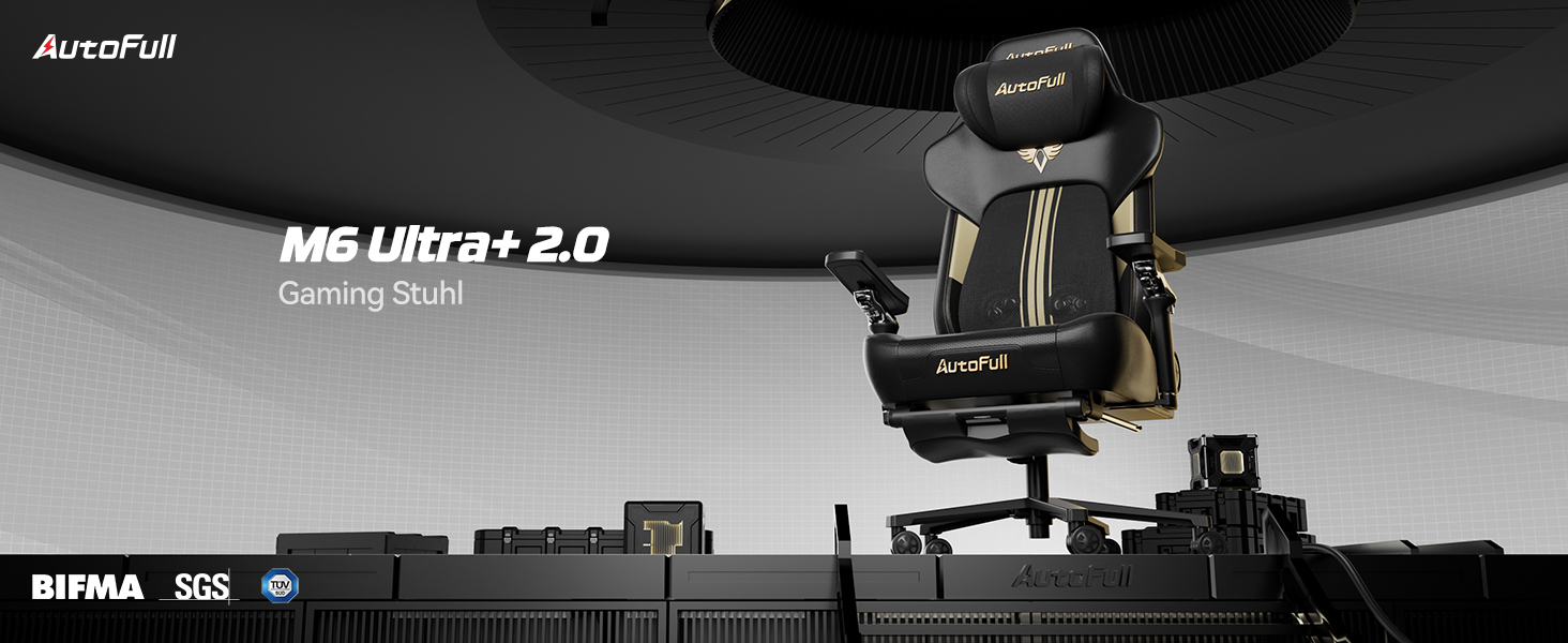 Ігрове крісло AutoFull M6 Ultra+ 2.0 з Shiatsu-масажем, підігрівом та охолодженням сидіння, поперековою підтримкою та підніжкою, чорно-золоте