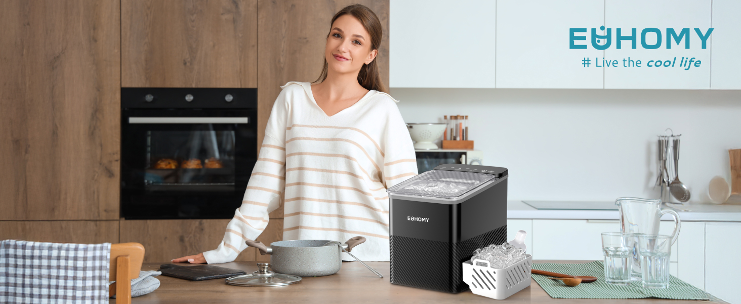 Машина для приготування льоду EUHOMY, компактний дизайн, однокнопкове керування, 9 кубиків льоду у 2 розмірах, автоматичне очищення, інтелектуальні сповіщення, прозорий кришка, чорний колір, для офісу/кухні/спальні, продуктивність 12 кг/24 год