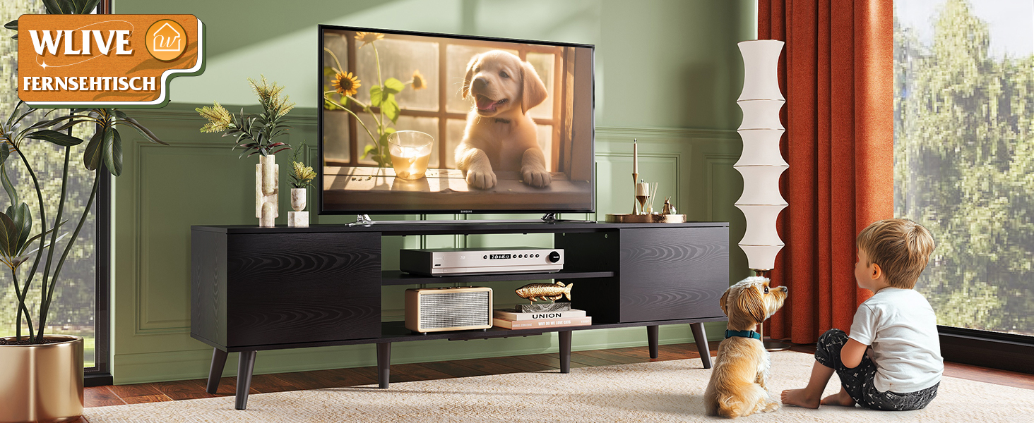 Тумба під телевізор WLIVE Schwarz 160x40x47 см, чорна, з 2 дверцятами та 2 відкритими полицями для вітальні, спальні, їдальні