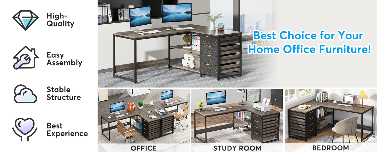 Письмовий стіл Tribesigns L-подібний з 4 шухлядами, комп'ютерний стіл, 2 полиці, кутовий, з місцем для зберігання, для офісу, кабінету, вітальні, 150×110×75 см (Волоський горіх & Білий) (Сірий)
