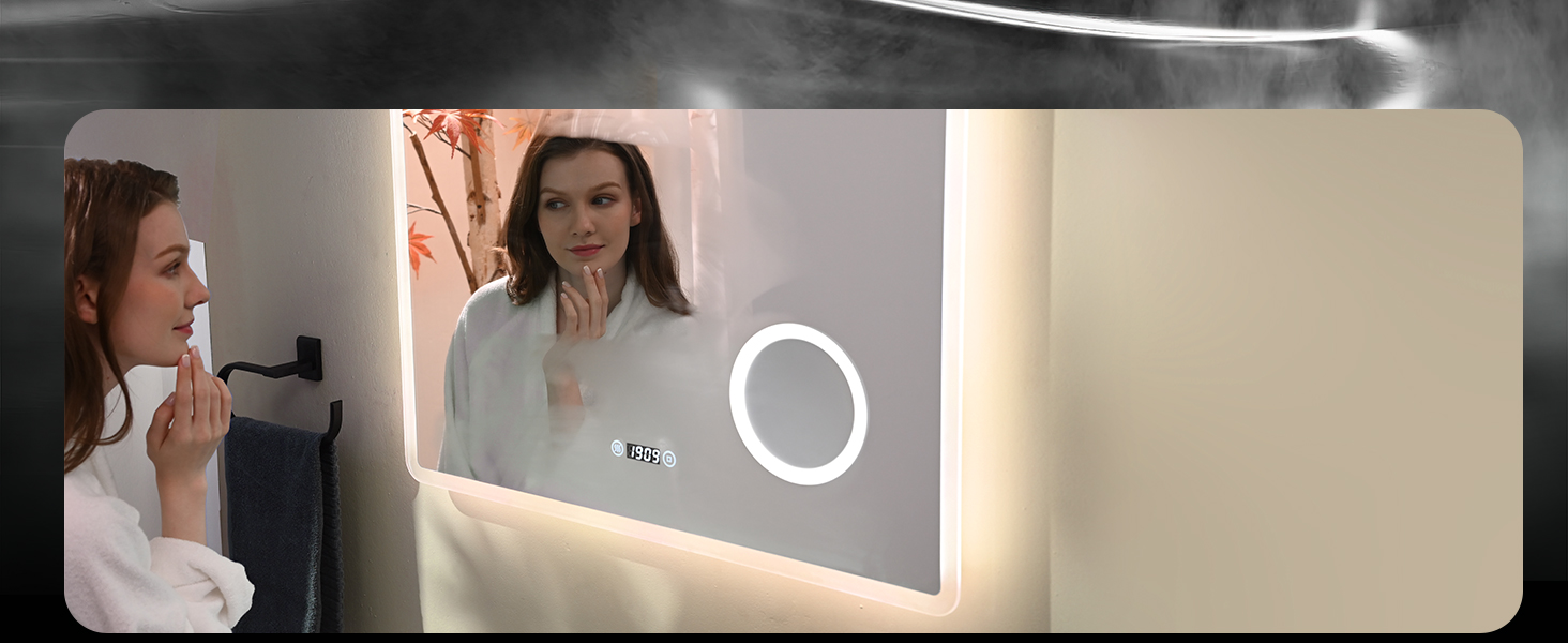 EMKE® LED дзеркало для ванної кімнати 80x60 см з підсвічуванням, сенсорне, регулювання яскравості, протитуманне, 3 кольори світла, годинник, IP44