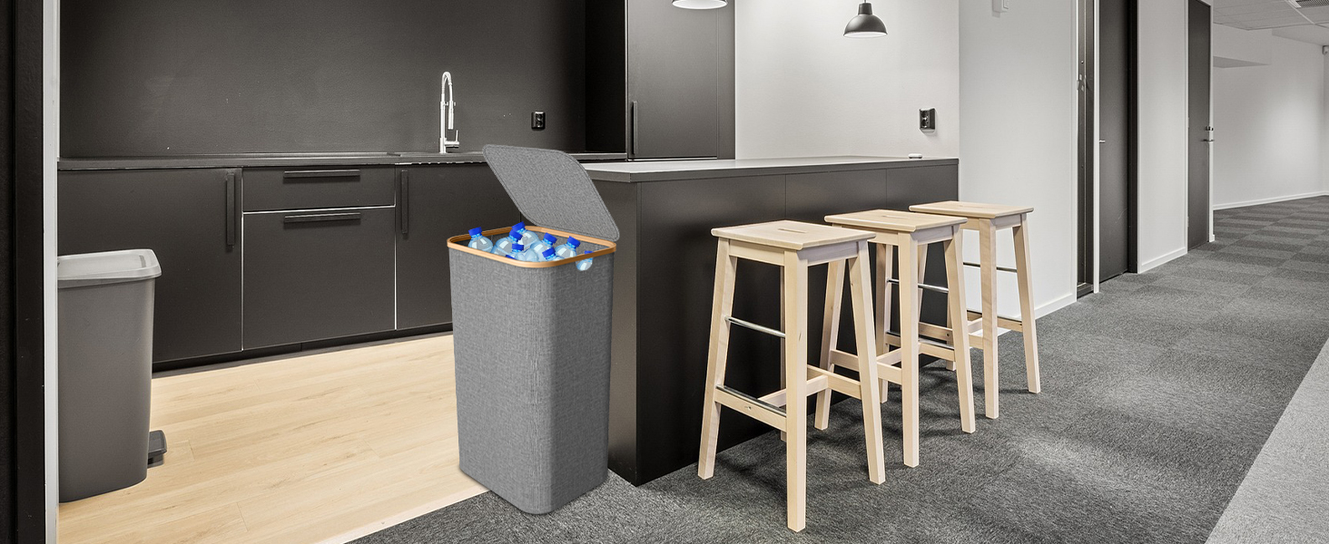 Кошик для білизни з кришкою 70л, вузький, з бамбуковими ручками та внутрішньою кишенею, складний, портативний, для пральні, йоги, темно-сірий 70л