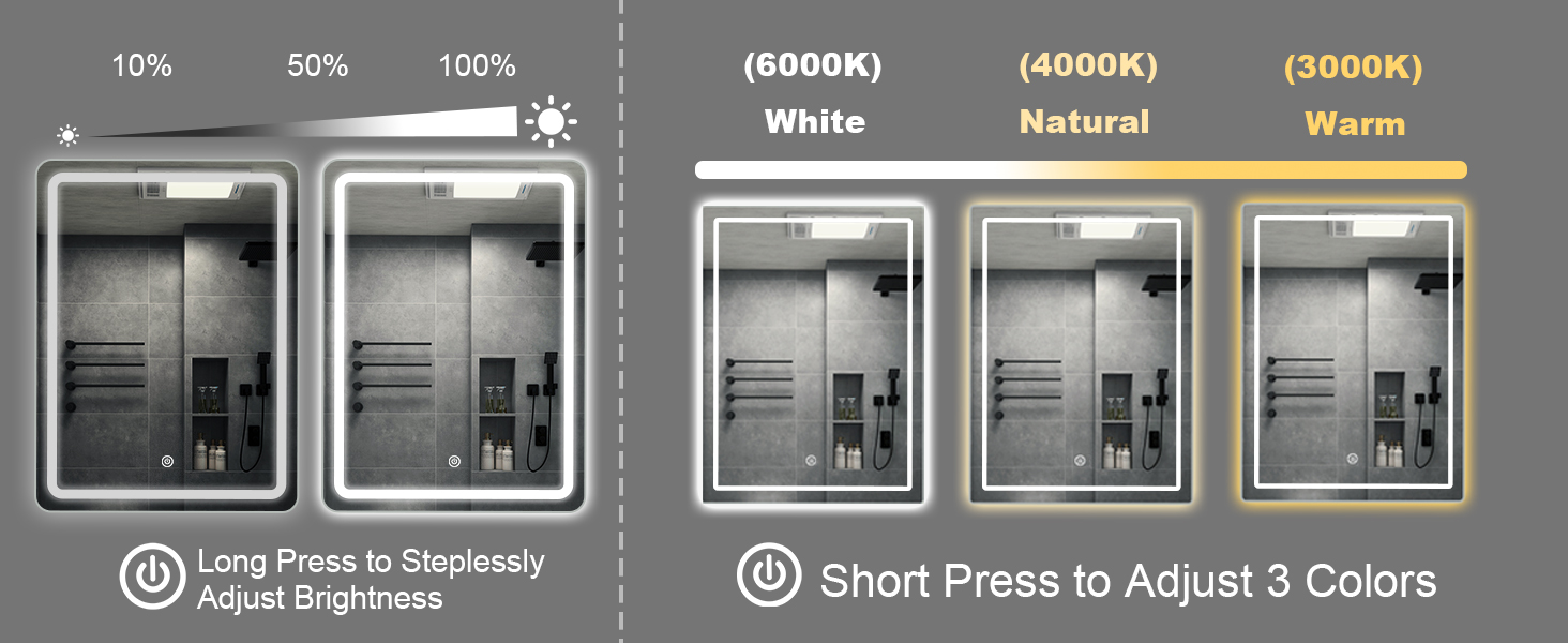 Дзеркало для ванної кімнати MYGIIVOVO з підсвічуванням LED, сенсорне керування, 3 кольори, 60x45 см