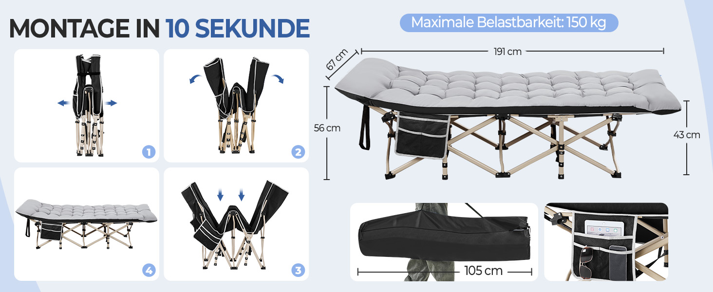 Розкладне кемпінгове ліжко Yaheetech з матрацом та сумкою для перенесення, 191 x 67 см, сіро-чорне, витримує до 150 кг