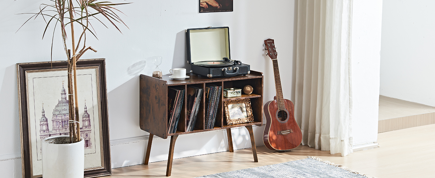 Сумка-органайзер для вінілових платівок LELELINKY: стійка з 4 полицями, вміщує до 220 платівок, з міцними дерев'яними ніжками, Mid-Century дизайн, білий колір, для проигрывателя (Braun)