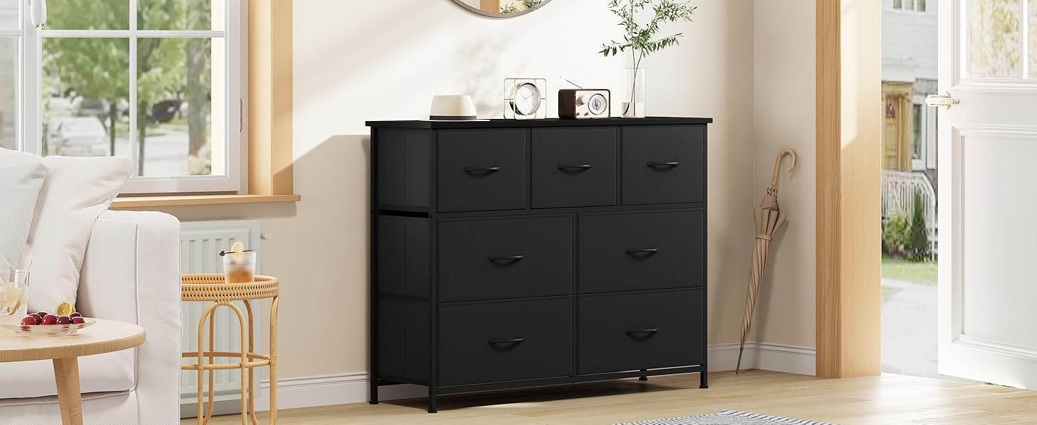 Комод Somdot з висувними ящиками, тканинний комод, комод для спальні, вітальні, прихожої, шафа для зберігання, 5 тканинних ящиків, білий колір, штучна шкіра (чорний, 30T x 100B x 74.5H см (7 ящиків))