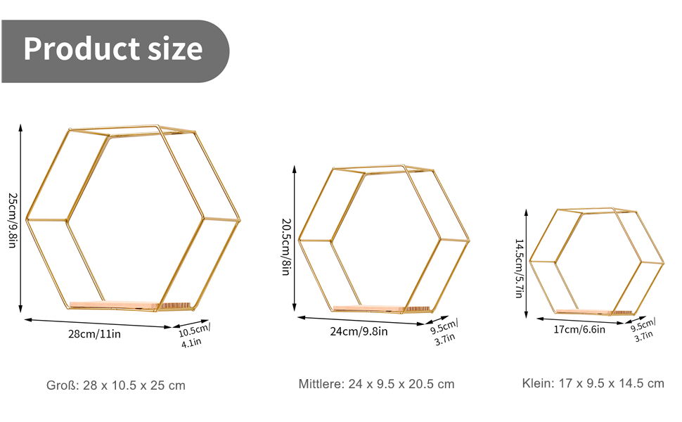 Набір настінних полиць Panthem Hexagon, 3 шт., метал, золотий, декор для вітальні, спальні, ванної, кафе, готелю