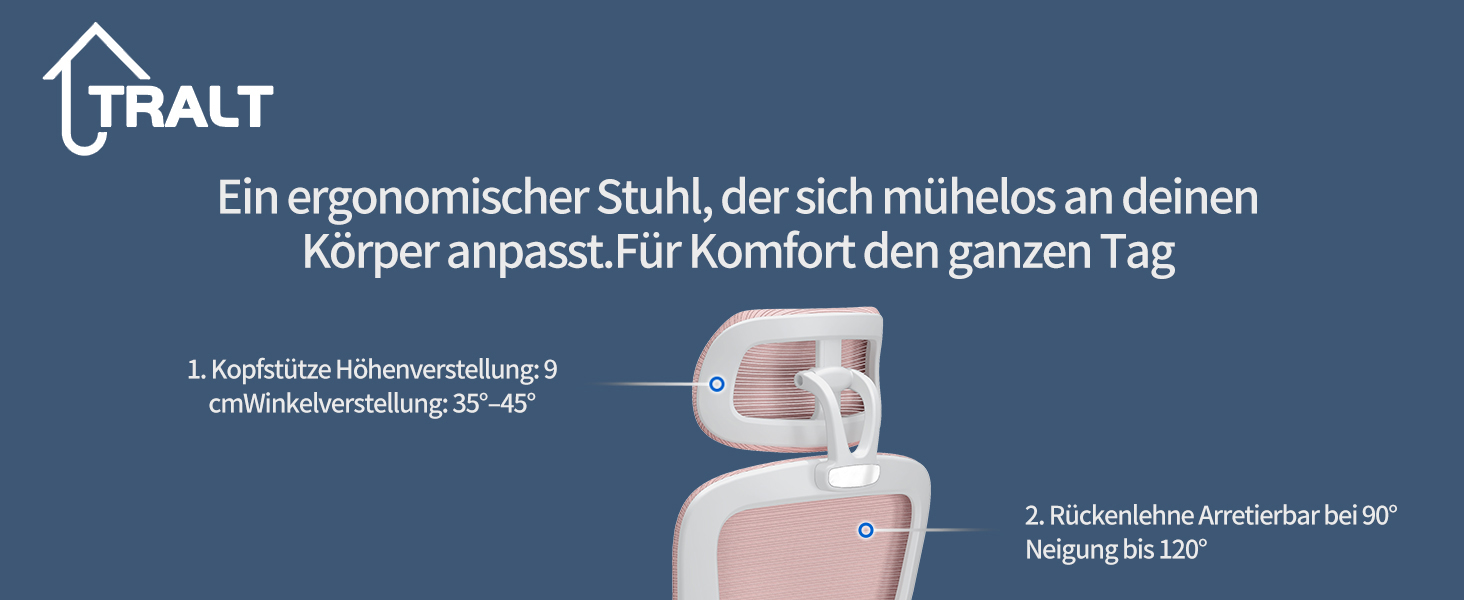 Офісне крісло TRALT Ergonomic - ергономічне крісло з регульованою підтримкою попереку та підголівником, ігрове крісло, крісло для дому, офісу, для великих людей (Рожеве)