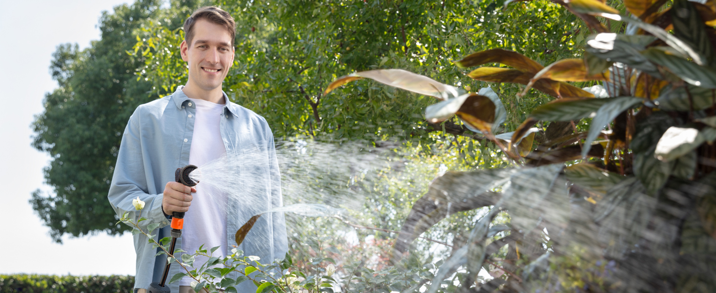 Спіральний шланг для поливу Giraffe Tools 35м + 2м з автоматичним підйомом, поворотний на 180°, з 7 насадками та під'єднувальним шлангом