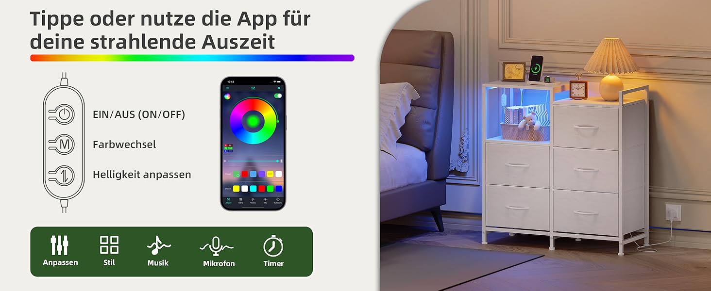 Комод з ящиками для спальні, вітальні, коридору Somdot з LED-підсвіткою та розетками (2 AC, 1 USB, 1 Type-C), 5 тканинних ящиків, білий, 29T x 66,5B x 70,5H см, штучна шкіра