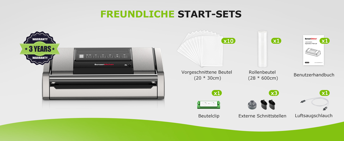 Вакууматор Bonsenkitchen VS5100 для Sous-Vide, 15 л/хв, з вбудованим різаком та кліпсою для пакетів, сріблястий