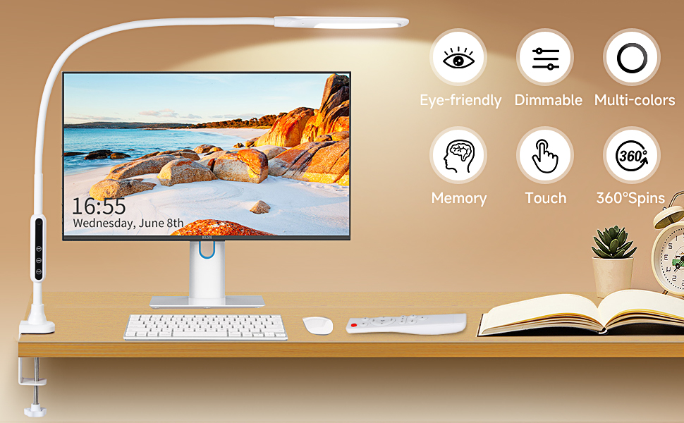 Світлодіодна настільна лампа, затискна, 5 кольорів і яскравості, 360 гусяча шия, сенсорне та дистанційне керування, білий