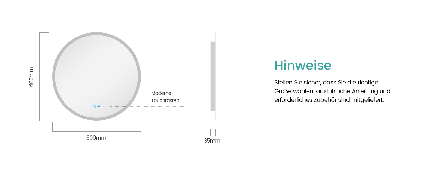 Дзеркало для ванної кімнати EMKE з підсвічуванням, 50 см, кругле, з регулюванням яскравості, 3 кольори світла, антизапарник, сенсорне управління, пам'ять налаштувань, матовий край, 50x50 см