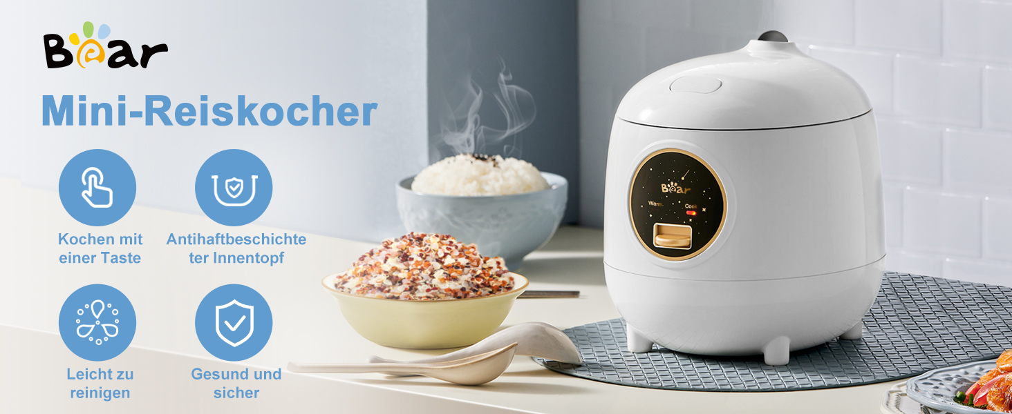 Рисварка Bear 1.2л (2 чашки) біла: мініатюрна, з антипригарним покриттям, BPA-free, портативна