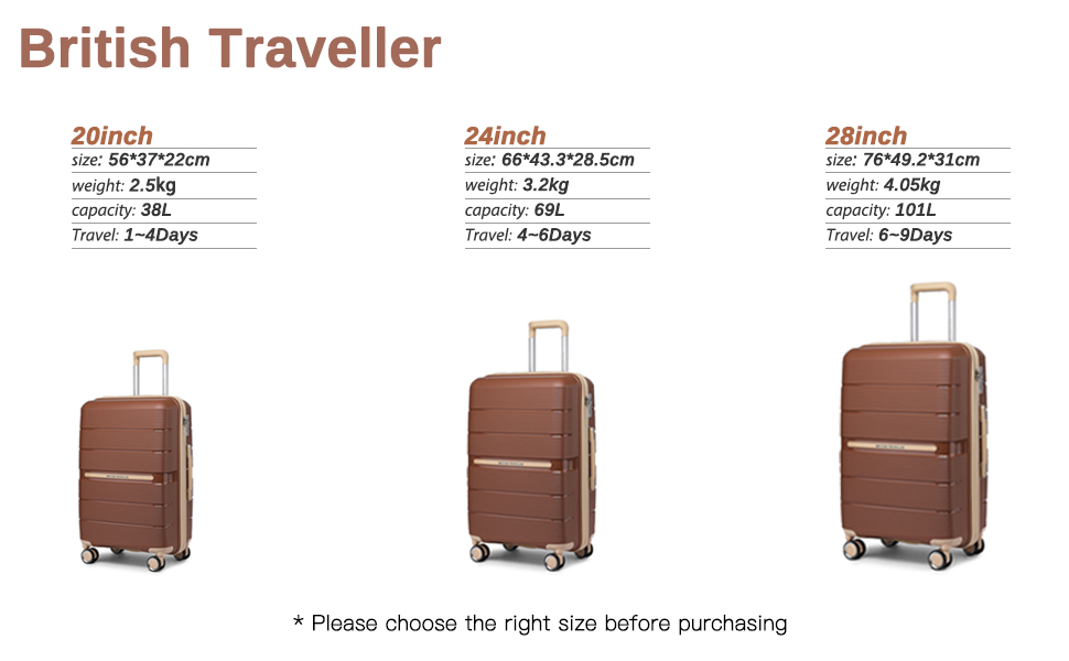 Жорсткий чохол British Traveller 24'-M, 8 обертових коліс, замок TSA, коричневий, 66x43.3x28.5см