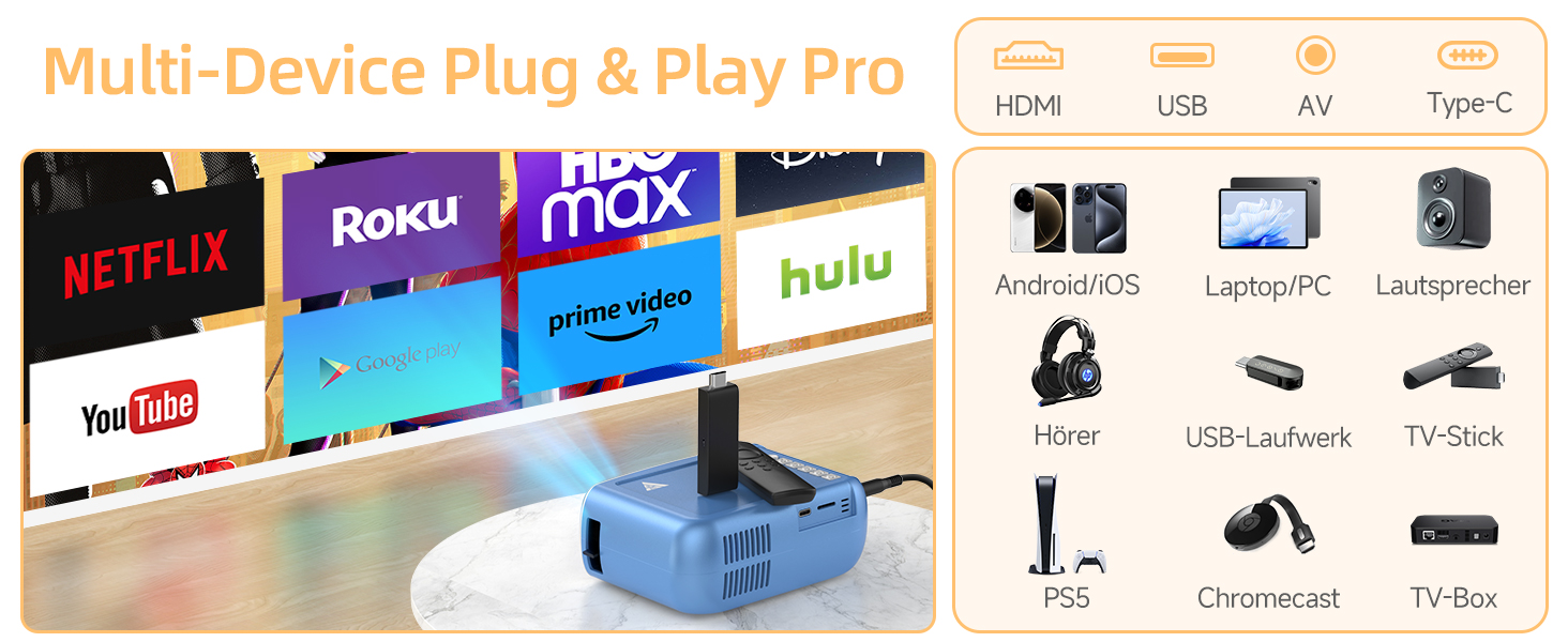 Mini Beamer Bluetooth WiFi: Портативний проєктор 1080P для телефону iPhone/Android, домашній/зовнішній, сумісний з USB/HDMI/Fire Stick/PS5