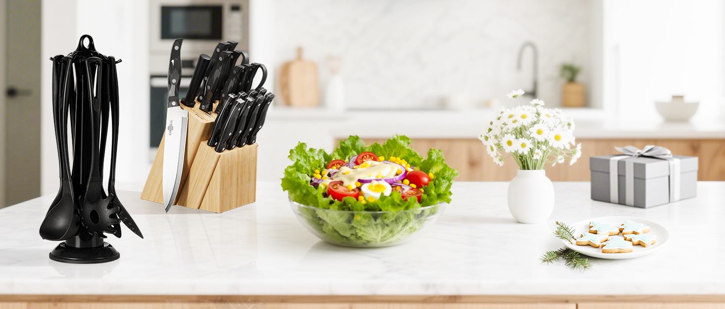 Набір ножів Messerblock: 19 предметів, нержавіюча сталь, з підставкою з дерева, для професійної кухні, з точильним каменем