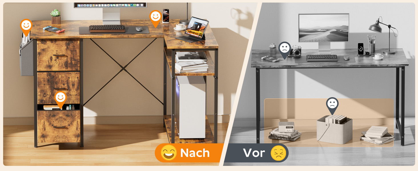 Комп'ютерний стіл HLONONE L-подібний з 3 висувними ящиками для тканини, з полицями та бічною кишенею, для офісу, геймінгу та дому, білий (140 x 80 см, коричневий)