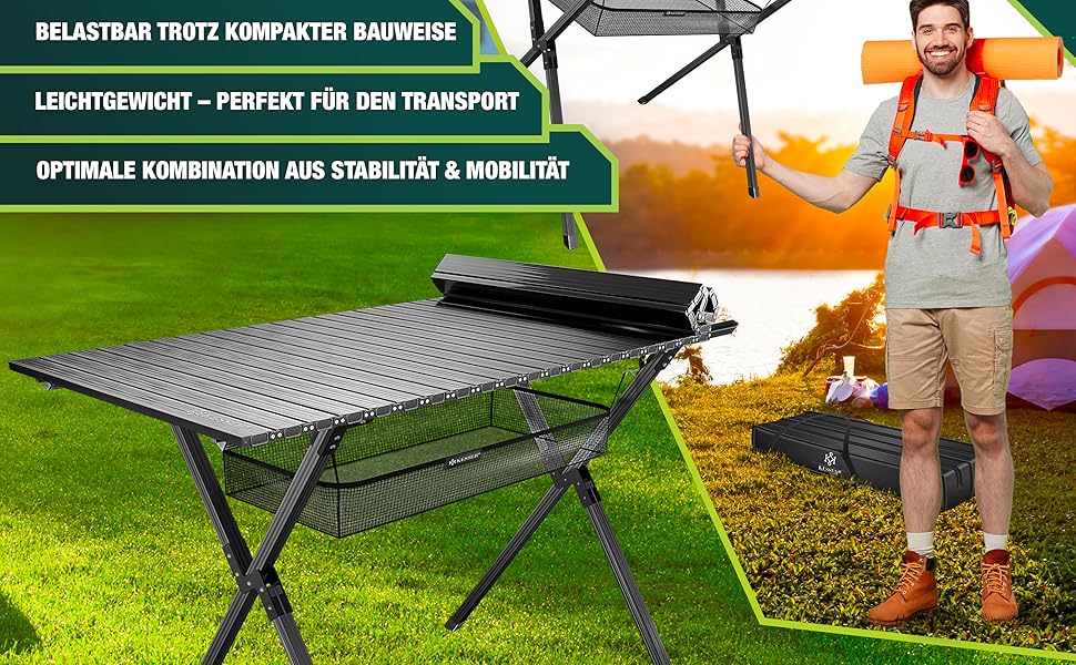 Складаний туристичний стіл KESSER® з алюмінієвим каркасом, регулюванням висоти, 90x53 см, до 100 кг, з сумкою та кишенькою