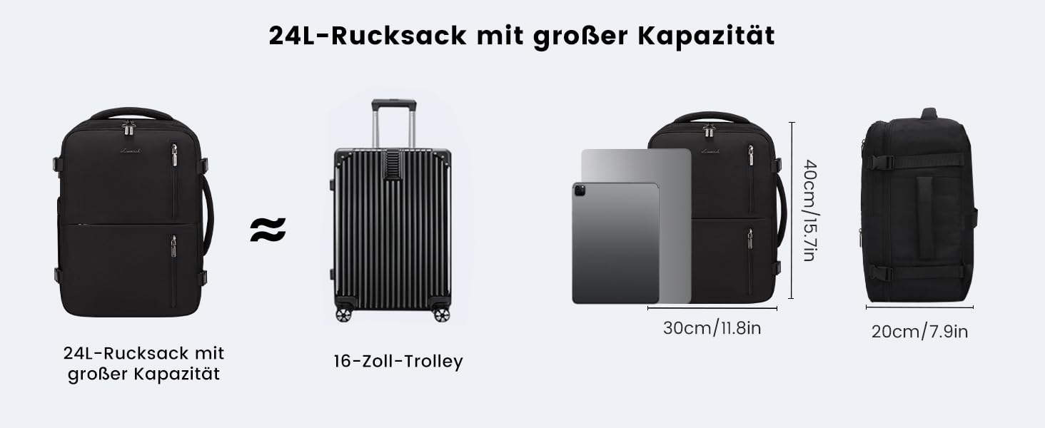 Рюкзак LOVEVOOK для ручної поклажі 40x30x20, 24л, для ноутбука 14 дюймів, з USB, чорний