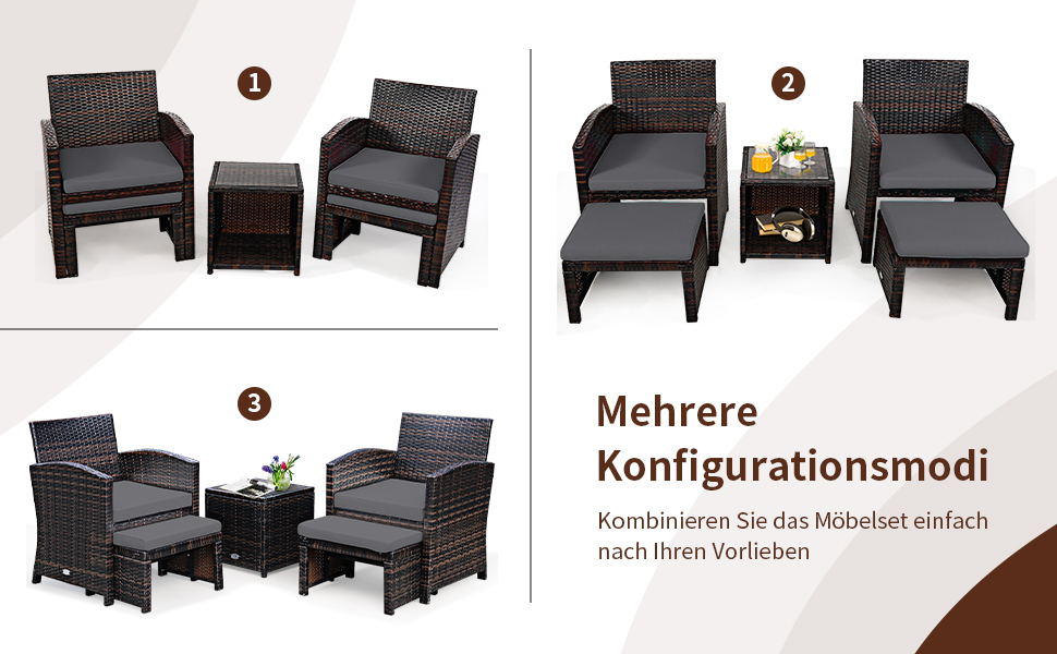 GIANTEX Набір садово-розслаблюючих меблів з ротангу для балкону/саду (2 крісла з пуфами), сірі подушки