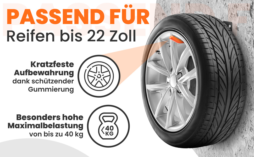 Набір кріплень для шин на стіну JK Trade® (4 шт.) з комплектом гвинтів та дюбелів. Захист для коліс, гачок для кріплення шин, садового інвентарю, легкосплавних дисків. Макс. навантаження 40 кг (Помаранчевий V1)