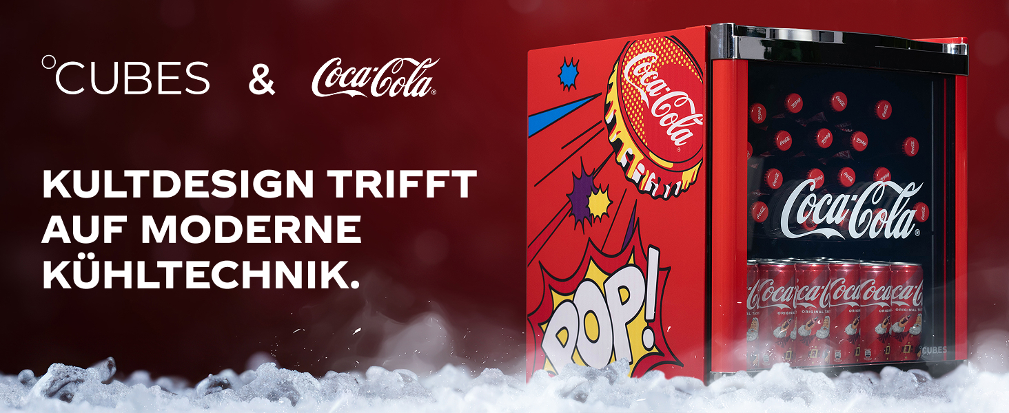 Міні-холодильник для напоїв °CUBES Original Coca-Cola PopArt червоний (48л) з glass-дверцяма, енергоефективний та безшумний — для офісу, геймінгу та вечірок