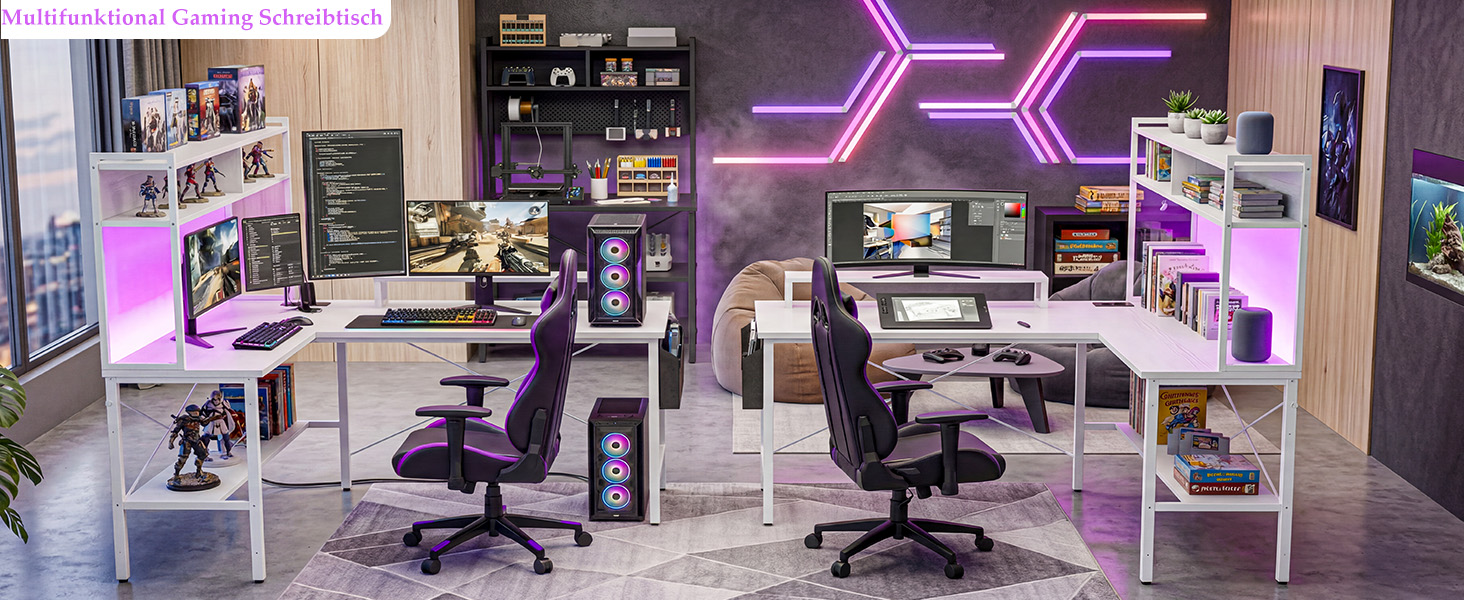 Ігровий стіл Homieasy L-подібний (124x90 см) з LED-підсвіткою, розетками, полицею та підставкою для монітора, вінтажний коричневий/білий